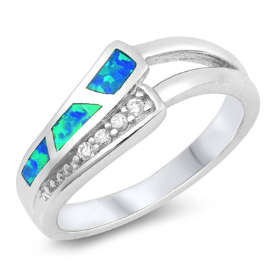 Sterling Silver Modern Stylish Curved Band with Clear CZ and Blue Lab Opal Inlay RingAnd Face Height of 7MM