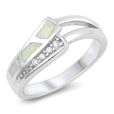 Sterling Silver Modern Stylish Curved Band with Clear CZ and White Lab Opal Inlay RingAnd Face Height of 7MM