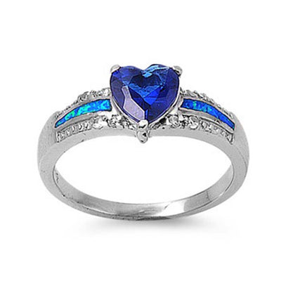 Sterling Silver Trendy Blue Sapphire Heart Shape Inlay with Blue Lab Opal and Clear CZ RingAnd Face Height of 8MM