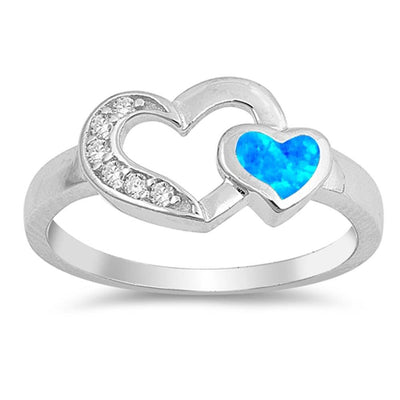 Sterling Silver Two Hearts Shaped Blue Silver Lab Opal Ring
