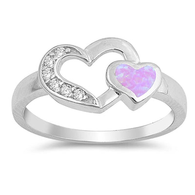 Sterling Silver Two Hearts Shaped Pink Silver Lab Opal Ring