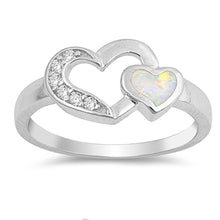 Load image into Gallery viewer, Sterling Silver Fancy Open Cut Heart Shape with CZ and Small Heart White Lab Opal RingAnd Face Height of 11MM