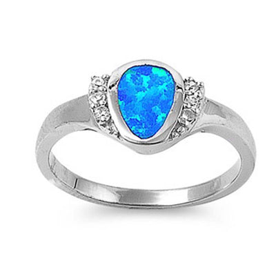 Sterling Silver Fancy Modish Blue Lab Opal Pear Shape Bezel Set with Clear CZ Ring And Face Height of 9MM