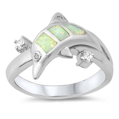 Sterling Silver Trendy Dolphin with Clear CZ and White Lab Opal Inlay RingAnd Face Height of 11MM