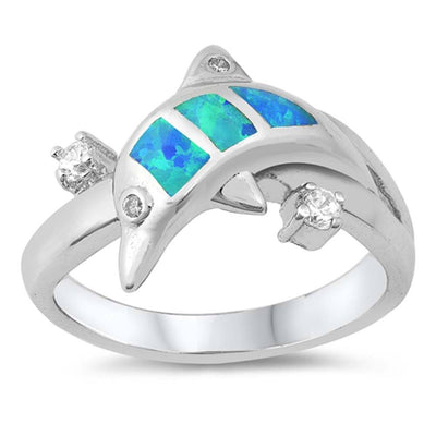 Sterling Silver Trendy Dolphin with Clear CZ and Blue Lab Opal Inlay RingAnd Face Height of 11MM