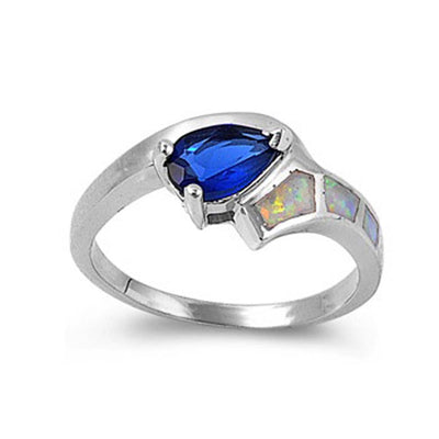 Sterling Silver Fancy Design Centered Blue Saphhire Pear Shape with White Lab Opal Inlay Bypass Band RingAnd Face Height of 10MM