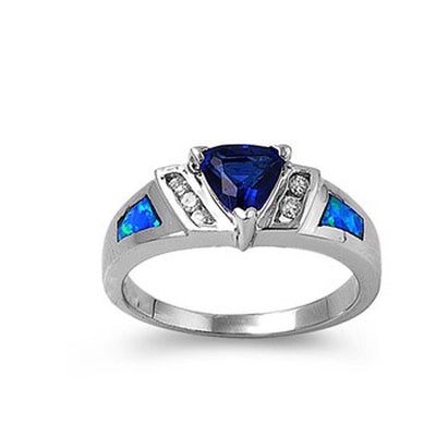 Sterling Silver Modish Trillion Cut Blue Sapphire CZ with Clear CZ and Blue Lab Opal Inlay RingAnd Face Height of 7MM