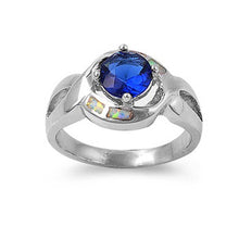 Load image into Gallery viewer, Sterling Silver Stylish Centered Round Blue Sapphire and White Lab Opal Inlay Infinity Ring with Face Height of 12MM