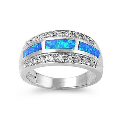 Sterling Silver Stylish Blue Lab Opal Inlay with Pave Clear CZ Thick Band RingAnd Face Height of 9MM