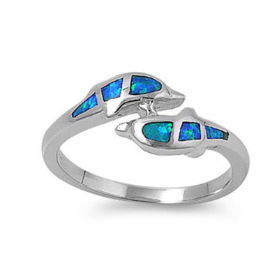Sterling Silver Fancy Double Dolphin with Blue Lab Opal Inlay RingAnd Face Height of 9MM