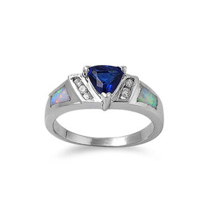 Sterling Silver Modish Trillion Cut Blue Sapphire CZ with Clear CZ and White Lab Opal Inlay RingAnd Face Height of 7MM