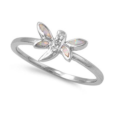 Sterling Silver Fashion Dragonfly with White Lab Opal Inlay and Clear CZ Thin Band RingAnd Face Height of 8MM