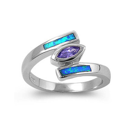 Sterling Silver Fancy Sideway Amethyst CZ Maquise Cut with Blue Lab Opal Inlay Bypass Band RingAnd Face Height of 13MM