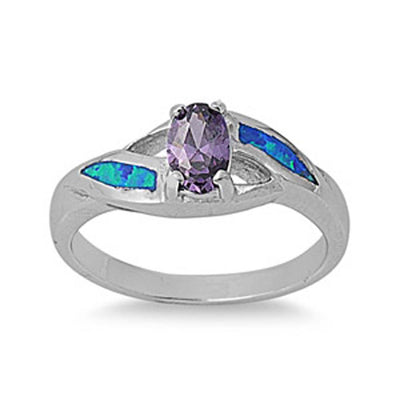 Sterling Silver Stylish Blue Lab Opal Inlay with Amethyst Oval Cut Promise RingAnd Face Height of 6MM