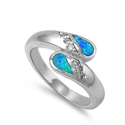 Sterling Silver Fancy Blue Lab Opal Inlay with Clear CZ Bypass Band RingAnd Face Height of 10MM