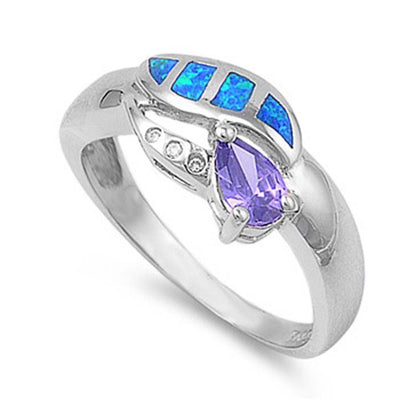 Sterling Silver Fancy Blue Lab Opal Inlay with Clear CZ and Amethyst CZ Pear Shape Design RingAnd Face Height of 10MM