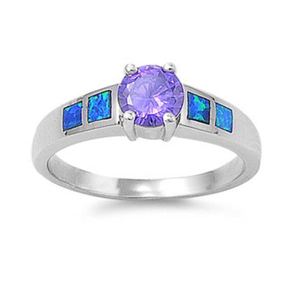 Sterling Silver Modern Style Round Amethyst CZ with Blue Lab Opal Inlay RingAnd Face Height of 6MM