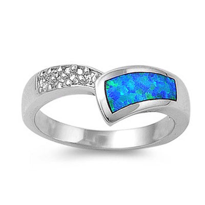 Sterling Silver Stylish Blue Lab Opal Inlay with Clear CZ Chevron V Band RingAnd Face Height of 8MM