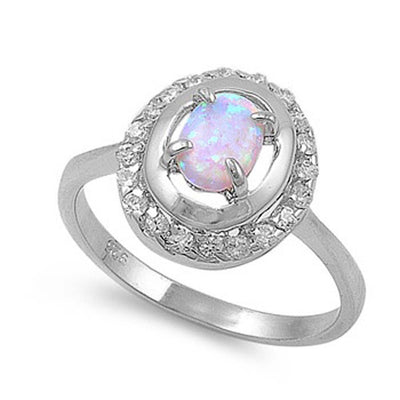 Sterling Silver Fancy Elegant Design White Lab Opal  Oval Cut with Halo Clear CZ RingAnd Face Height of 13MM