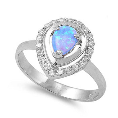 Sterling Silver Fancy Elegant Design Blue Lab Opal  Pear Shape with Halo Clear CZ RingAnd Face Height of 14MM
