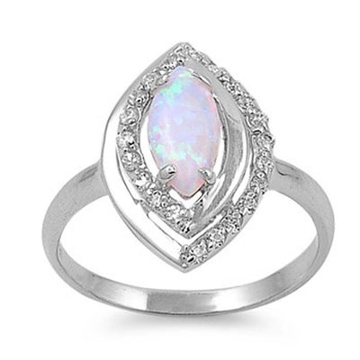 Sterling Silver Fancy Elegant Design White Lab Opal  Marquise Cut with Halo Clear CZ RingAnd Face Height of 17MM