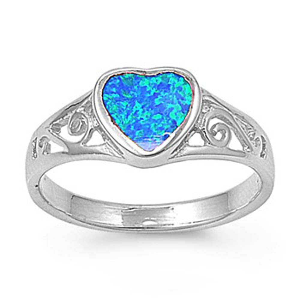 Sterling Silver Fancy Blue Lab Opal Heart Shape Bezel Set with Filigree DesignAnd Face Height of 8MM