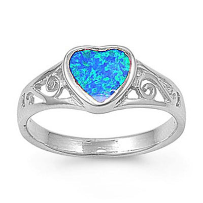 Sterling Silver Fancy Blue Lab Opal Heart Shape Bezel Set with Filigree DesignAnd Face Height of 8MM