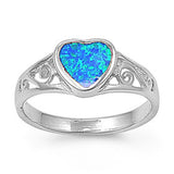 Sterling Silver Fancy Blue Lab Opal Heart Shape Bezel Set with Filigree DesignAnd Face Height of 8MM