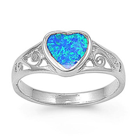 Sterling Silver Fancy Blue Lab Opal Heart Shape Bezel Set with Filigree DesignAnd Face Height of 8MM