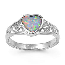 Load image into Gallery viewer, Sterling Silver Fancy White Lab Opal Heart Shape Bezel Set with Filigree DesignAnd Face Height of 8MM