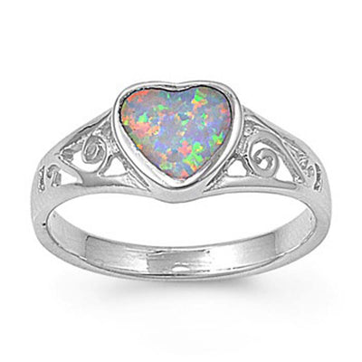 Sterling Silver Fancy White Lab Opal Heart Shape Bezel Set with Filigree DesignAnd Face Height of 8MM