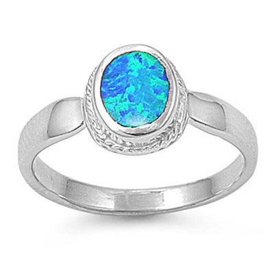 Sterling Silver Fancy Blue Lab Opal Oval Cut with Halo Design RingAnd Face Height of 10MM
