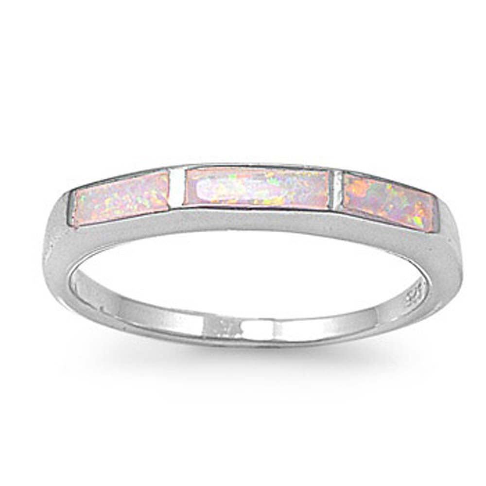Sterling Silver Modern Style Inlay with White Lab Opal Band RingAnd Face Height of 3MM