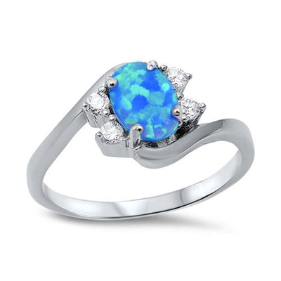Sterling Silver Oval Shape Blue Lab Opal Rings With CZ StonesAnd Face Height 9mm