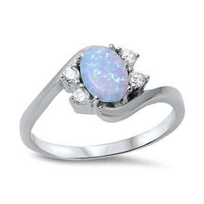 Sterling Silver Oval Shape Light Blue Lab Opal Rings With Clear CZAnd Face Height 9mm