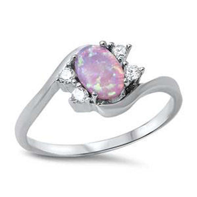 Sterling Silver Oval Shape Pink Lab Opal Rings With Clear CZAnd Face Height 9mm