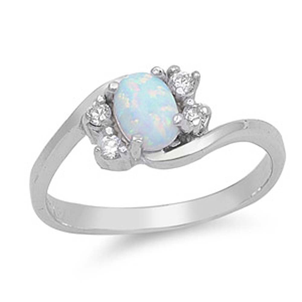 Sterling Silver Stylish White Lab Opal Oval Cut with Clear CZ Side Stones Bypass Band RingAnd Face Height of 7MM
