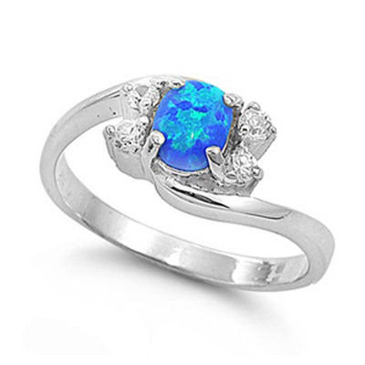 Sterling Silver Stylish Blue Lab Opal Oval Cut with Clear CZ Side Stones Bypass Band RingAnd Face Height of 9MM
