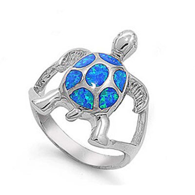 Sterling Silver Fancy Modish Turtle with Blue Lab Opal Inlay Split Band RingAnd Face Height of 21MM