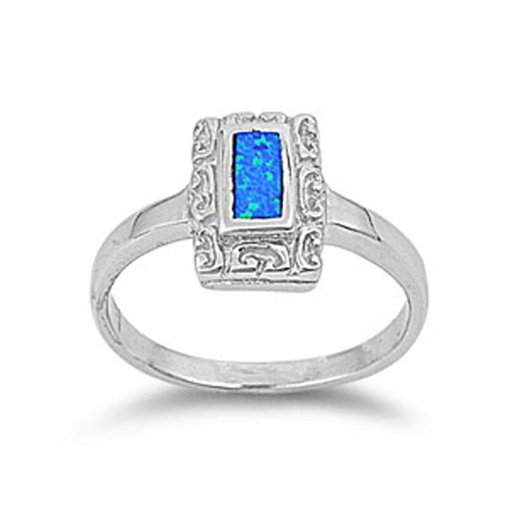 Sterling Silver Vintage Style Blue Lab Opal Emerald Cut with Halo Design RingAnd Face Height of 12MM