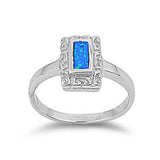 Sterling Silver Vintage Style Blue Lab Opal Emerald Cut with Halo Design RingAnd Face Height of 12MM