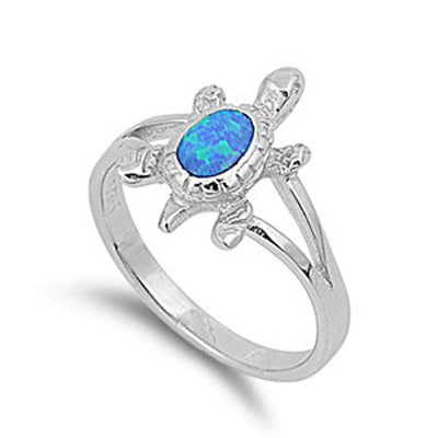 Sterling Silver Fancy Modish Turtle with Blue Lab Opal Split Band RingAnd Face Height of 15MM