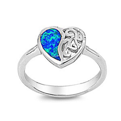 Sterling Silver Trendy Heart Shape with Half Blue Lab Opal and Half Filigree Design RingAnd Face Height of 11MM