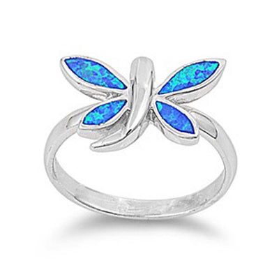 Sterling Silver Modish Dragonfly with Blue Lab Opal RingAnd Face Height of 12MM