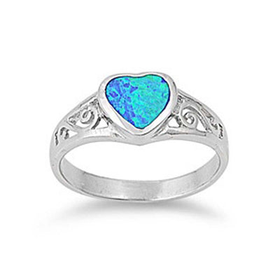 Sterling Silver Fancy Vintage Style Blue Lab Opal Heart Shape Bezel Set with Filigree Design RingAnd Face Height of 8MM