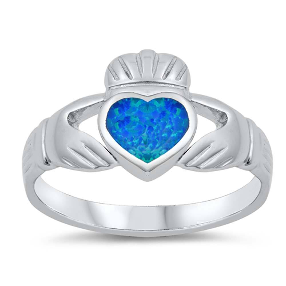 Sterling Silver Modish Claddagh with Blue Lab Opal RingAnd Face Height of 11MM