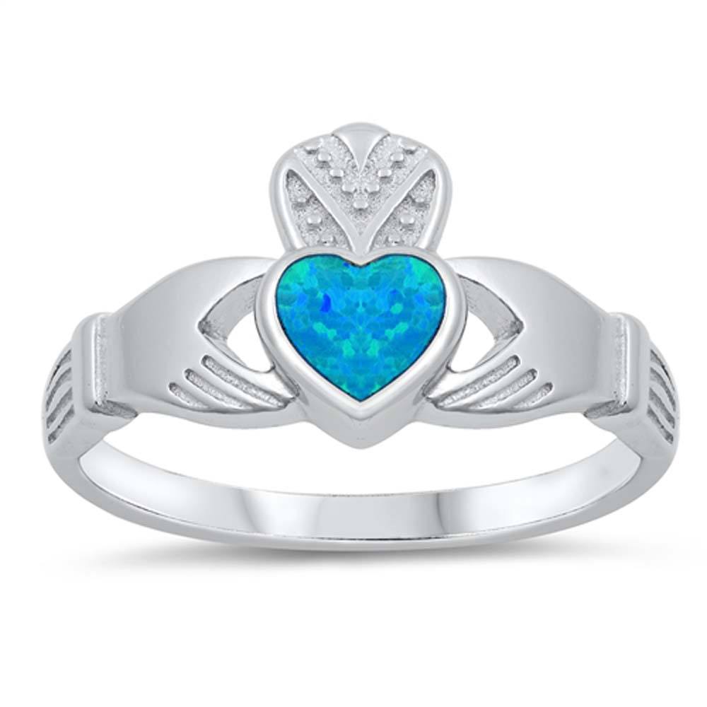 Sterling Silver Modish Claddagh with Blue Lab Opal RingAnd Face Height of 12MM