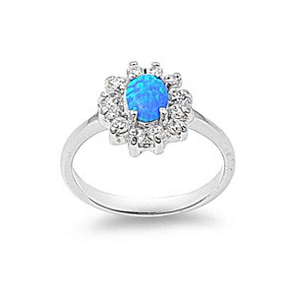 Sterling Silver Elegant Design Blue Lab Opal Oval Cut with Halo Clear CZ RingAnd Face Height of 13MM