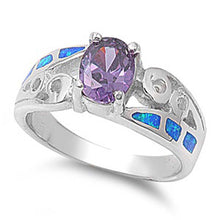 Load image into Gallery viewer, Sterling Silver Fancy Vintage Style Amethyst CZ Oval Cut with Blue Lab Opal Inlay Band RingAnd Face Height of 8MM