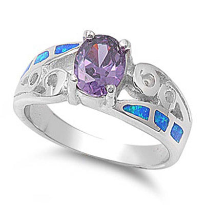 Sterling Silver Fancy Vintage Style Amethyst CZ Oval Cut with Blue Lab Opal Inlay Band RingAnd Face Height of 8MM